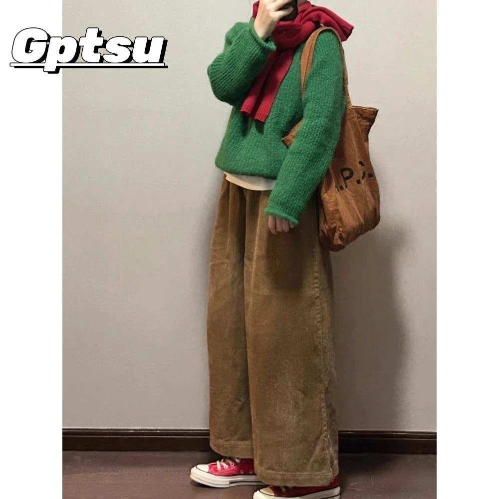 GPTSu小个子日系复古温柔系早秋慵懒风绿色毛衣+灯芯绒阔腿裤套装