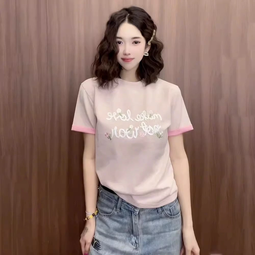 2025夏季新款短袖简约字母刺绣双色面料设计感T恤女修身显瘦上衣