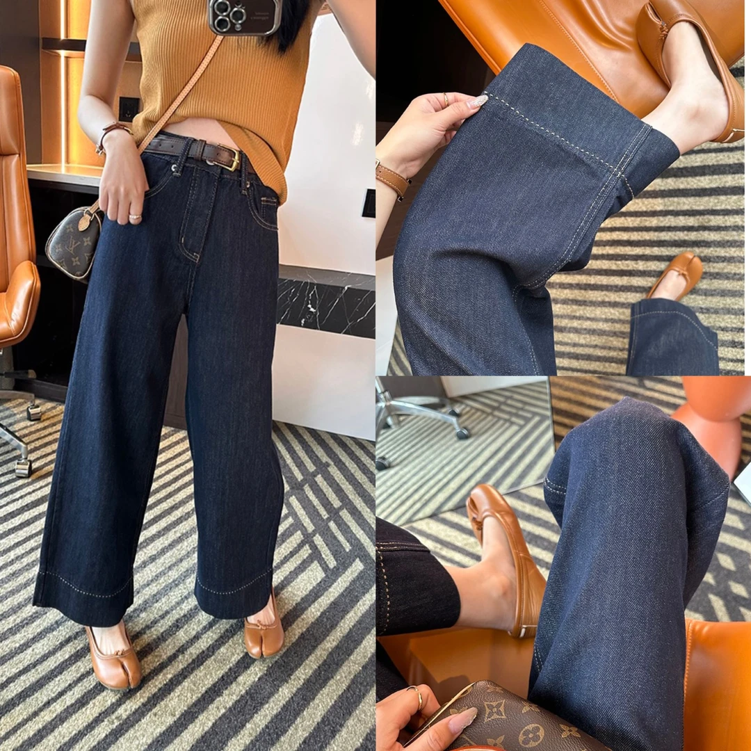 韩版直腿阔腿牛仔裤女秋季2025新款弹力高腰显瘦丹宁蓝直筒牛仔裤