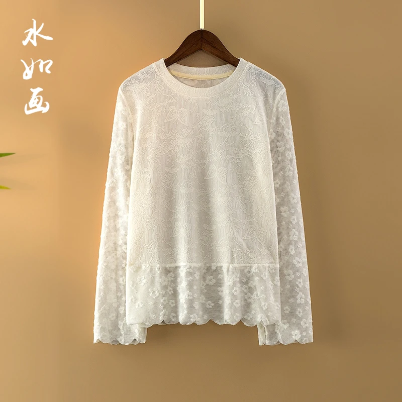 【初菡】春夏2025新款上衣小衫女新中式国风圆领蕾丝提花长袖T恤衫