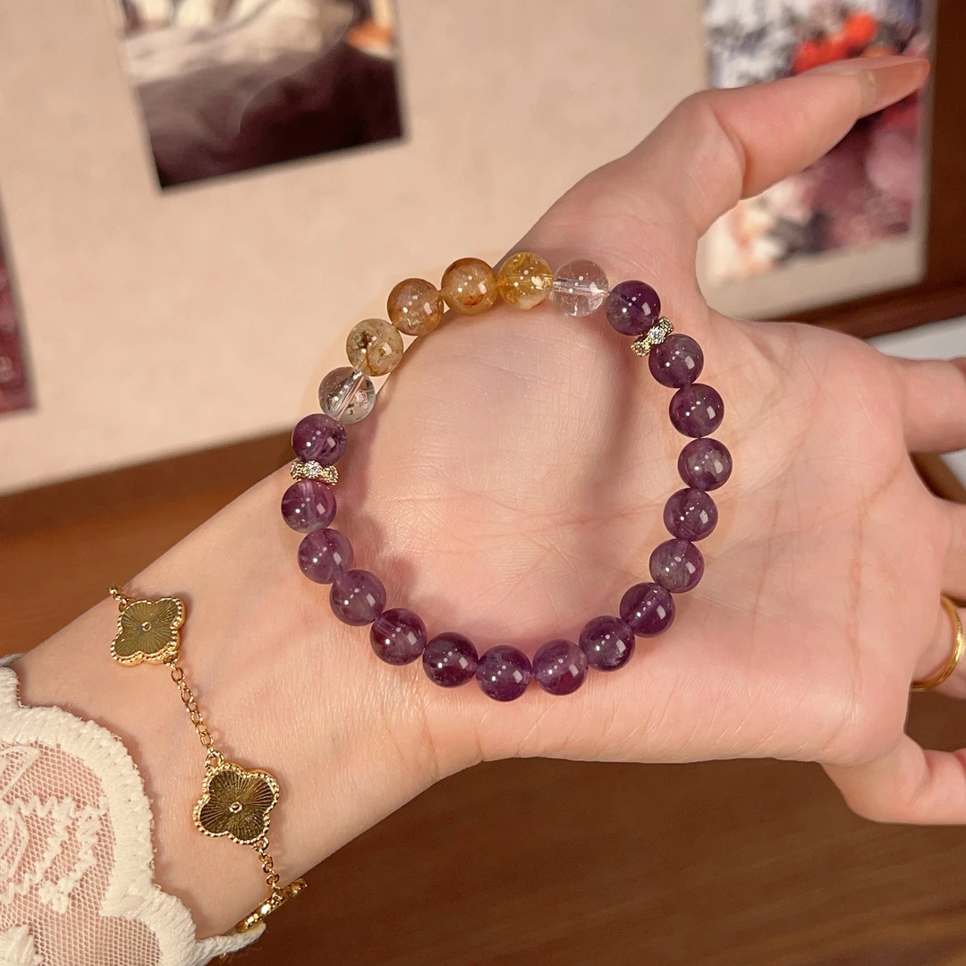 【调色盘】8mm深紫幽灵+8mm黄塔+8mm白水晶手串天然水晶Y244