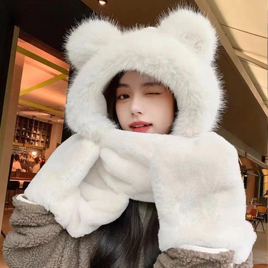小熊帽冬季加厚毛茸茸保暖三件套