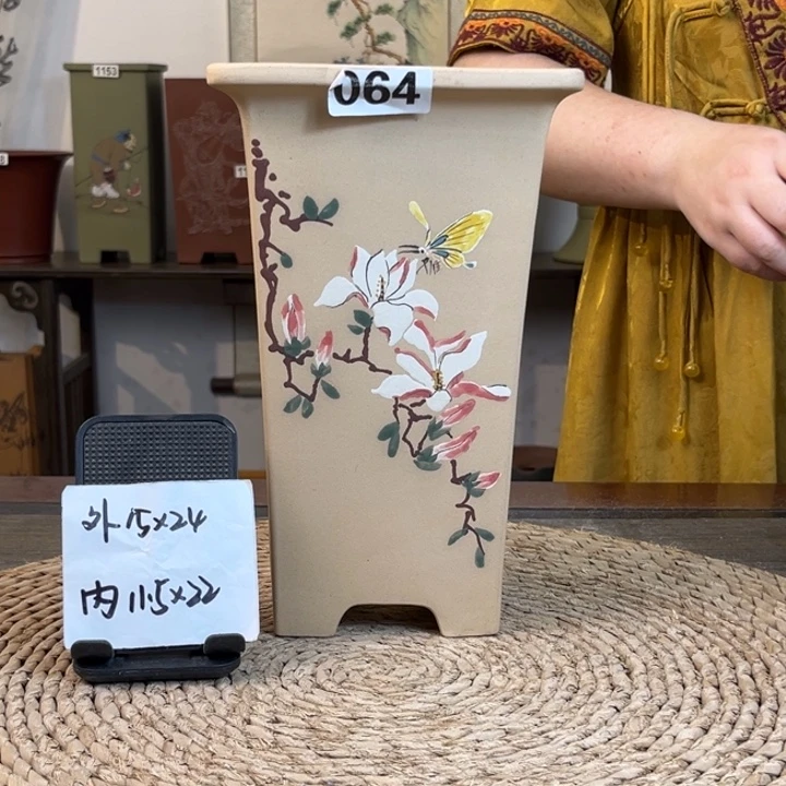 紫砂花盆 白玉段玉兰手绘签筒064