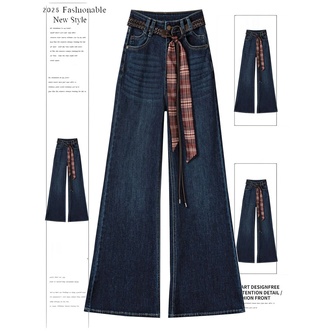 300斤大码女装蓝色高腰设计感牛仔裤女胖mm梨型显瘦遮胯微喇裤子