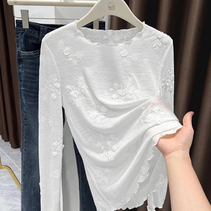 小众炸街高级感立体刺绣花白色打底2025年冬季木耳边亲肤品质上衣