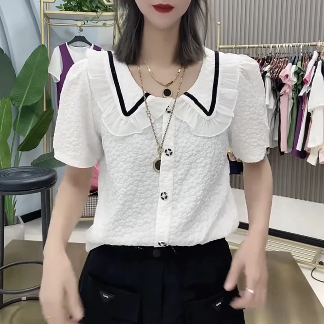 夏季新款洋气减龄娃娃领短袖衬衫女时尚百搭宽松气质小衫