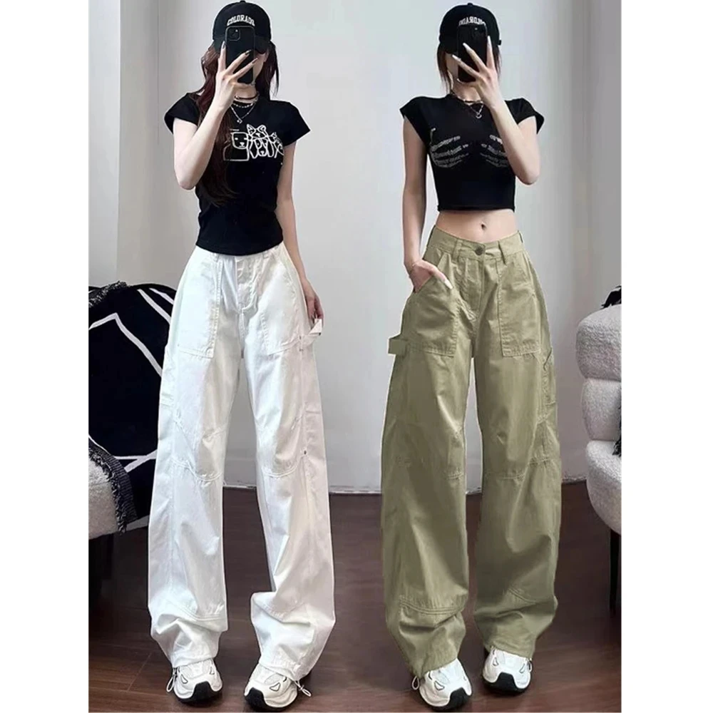 工装阔腿白色休闲裤女2025夏新款高腰宽松直筒显瘦伞兵裤登山长裤