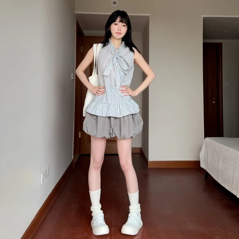 无袖立领条纹衬衫女夏2025新款韩系清新蝴蝶结衬衣时髦小上衣
