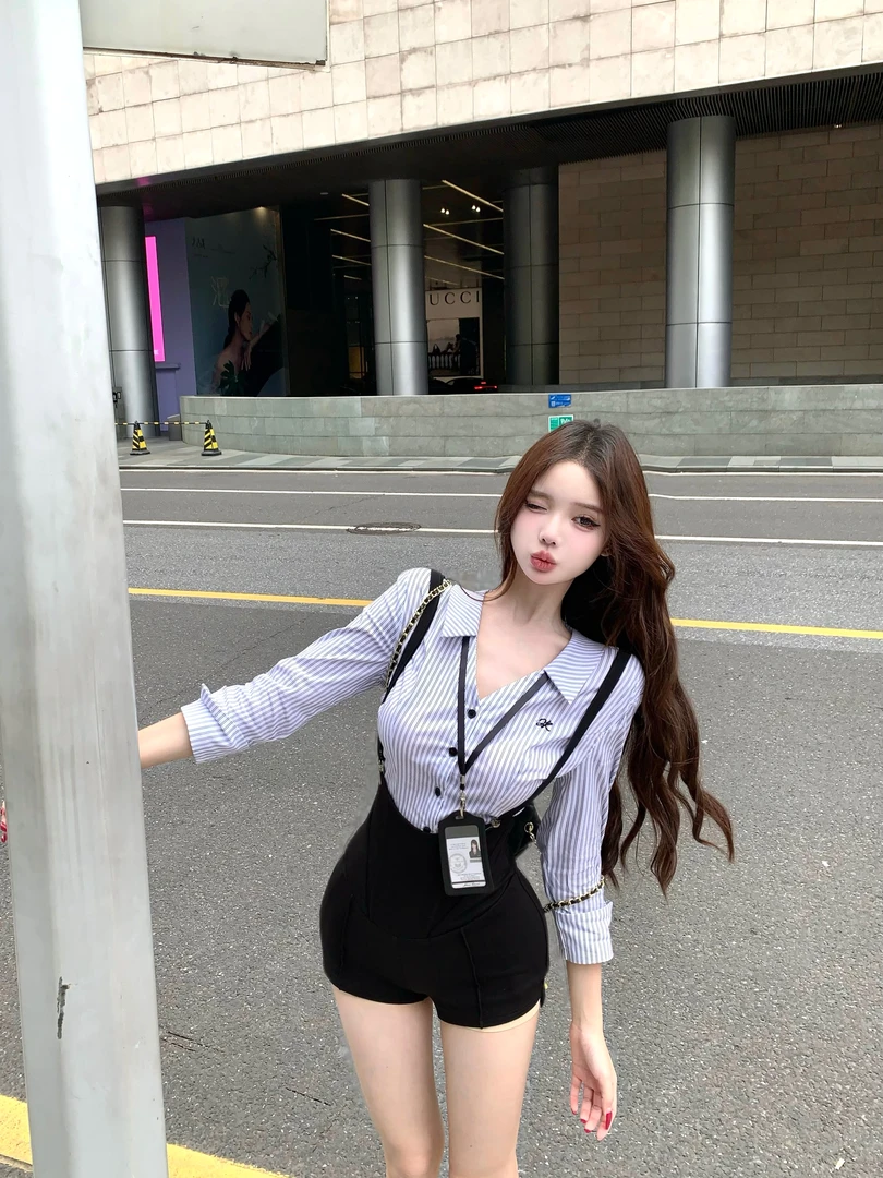 御姐海妖风收腰条纹长袖衬衫制服套装女气质高腰背带短裤两件套