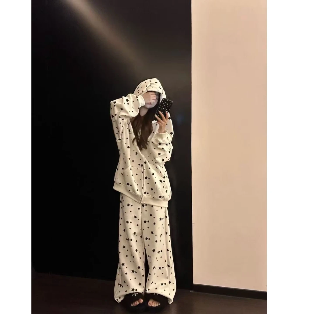 韩系可爱卡通兔耳朵连帽睡衣女德绒星星印花可外穿网红家居服套装