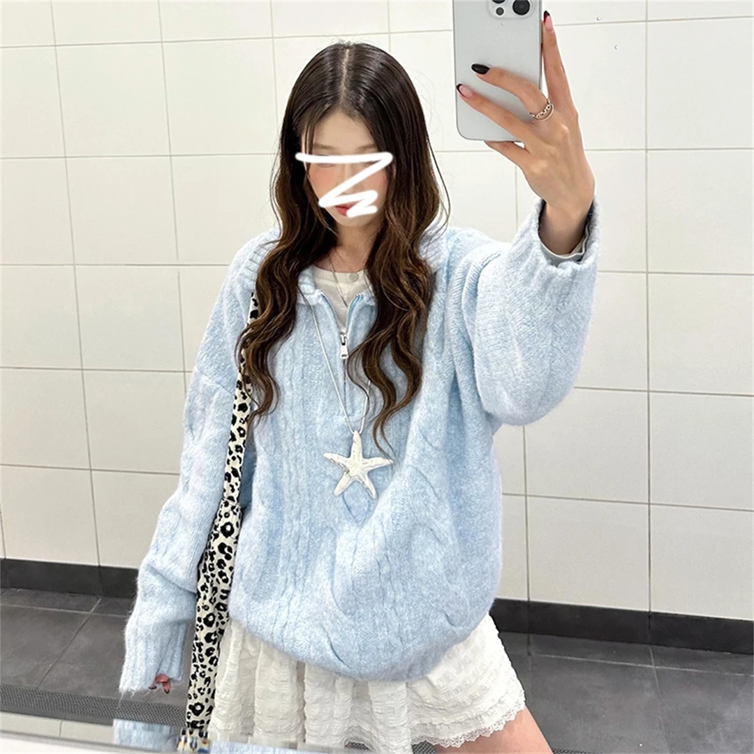 奶fufu慵懒风蓝色套头加厚毛衣女秋冬大码胖MM显瘦宽松保暖针织衫