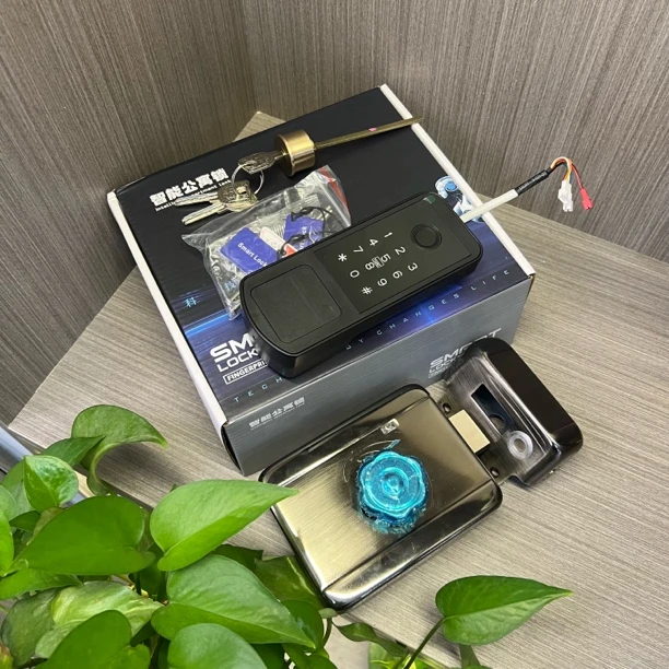 老式防盗门改装智能牛头锁免布线指纹密码一体外装门锁牛头锁