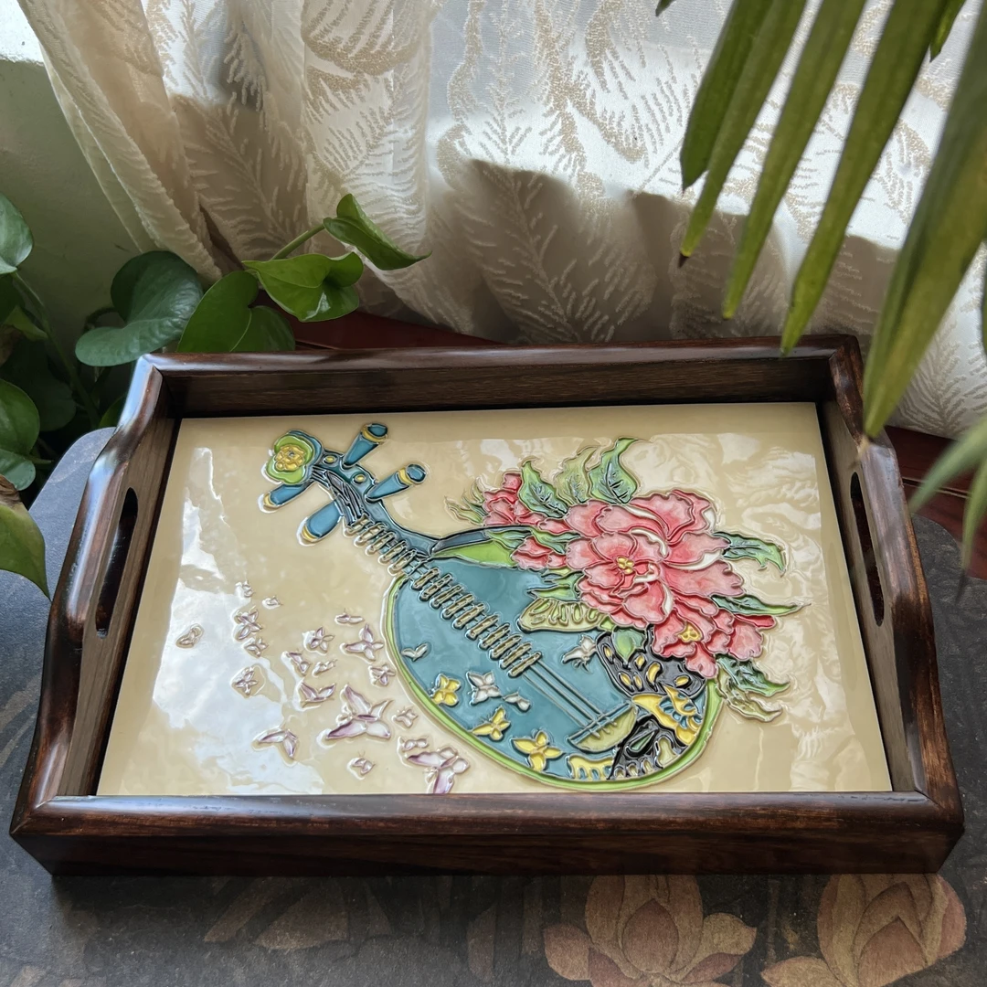 【粤薇】陶瓷家用文创复古榆木中式瓷板画双耳茶室网红家居装饰品