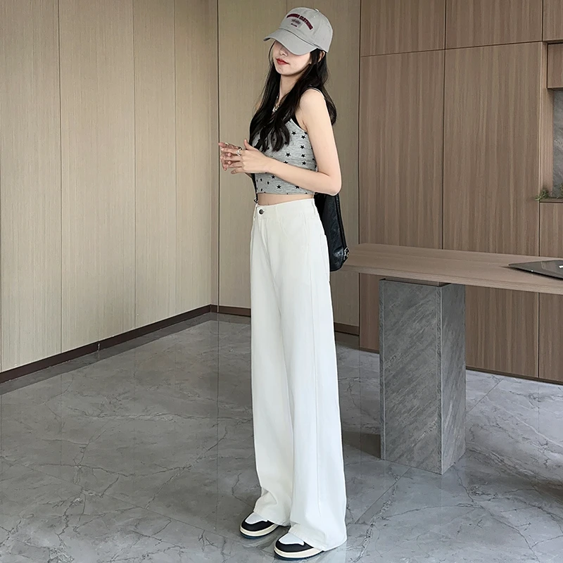 YP复古高腰宽松阔腿裤白色百搭垂感直筒裤牛仔裤女新 长裤加长