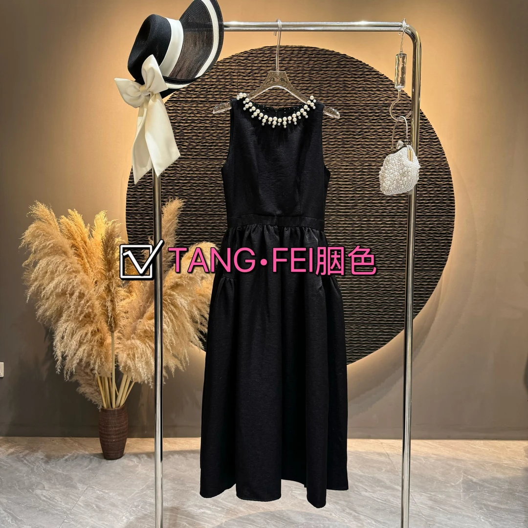 【神秘赫本】夏季新款优雅无袖钉珠A字大摆裙黑色中长裙9606