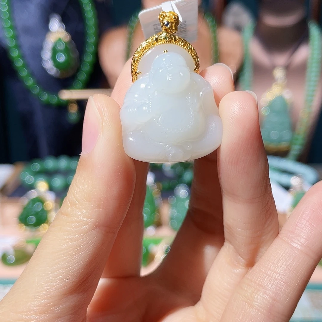 和田玉（碧玉）18K金镶嵌吊坠(不含链)