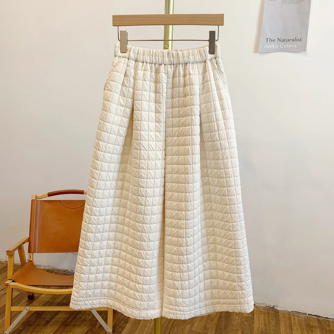 C5123夹棉格纹松紧腰阔腿裤棉裤