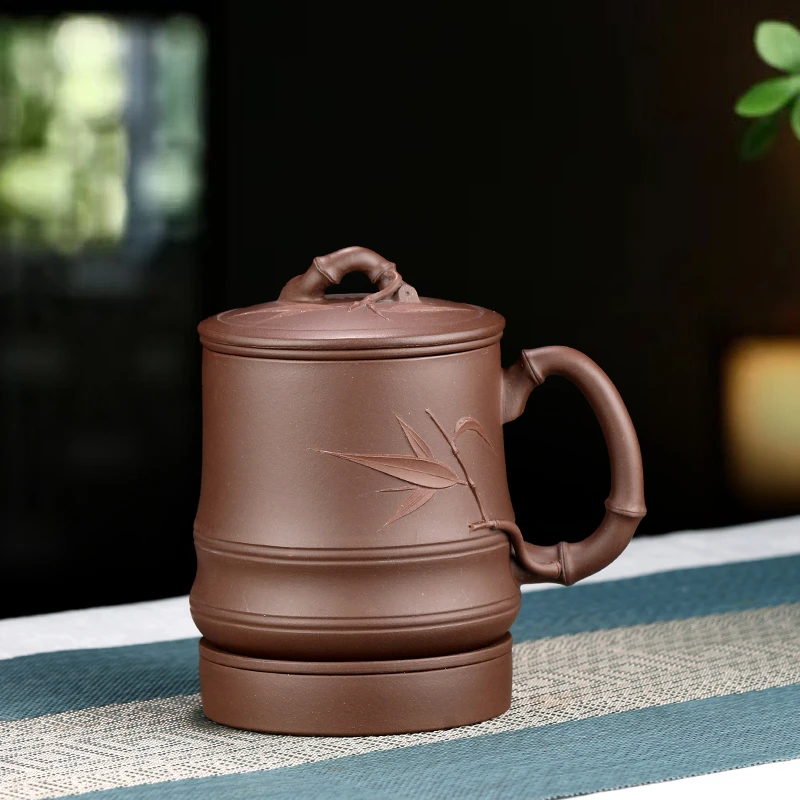 紫砂杯宜兴原矿紫泥手工内胆竹节五件套盖杯上等男士专用办公茶杯