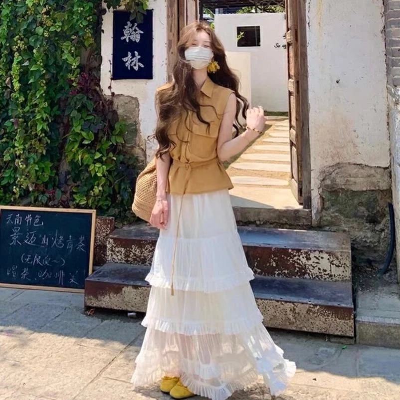 2025夏季新款韩版翻领无袖马甲衬衫女搭配蛋糕半身裙两件套A1318