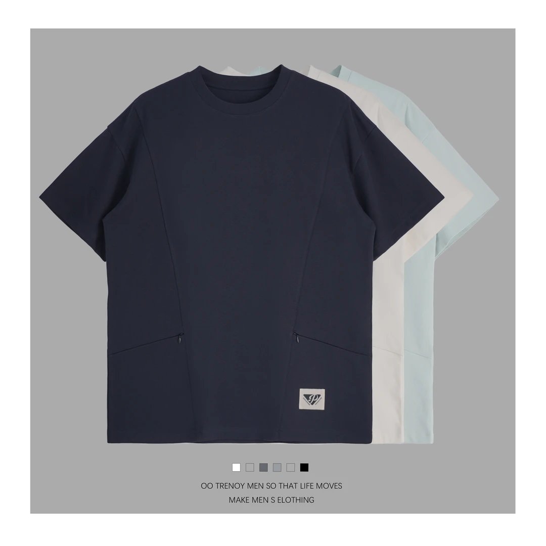 阿泽 "隐形双口袋”春夏重磅开叉T恤美式线条设计感圆领短袖 16125