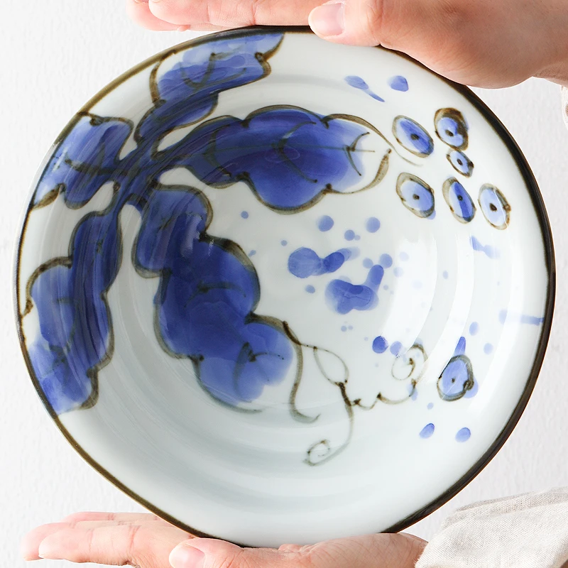 清仓【单支】日本进口美浓烧手绘葡萄花不规则草帽钵21.3cm