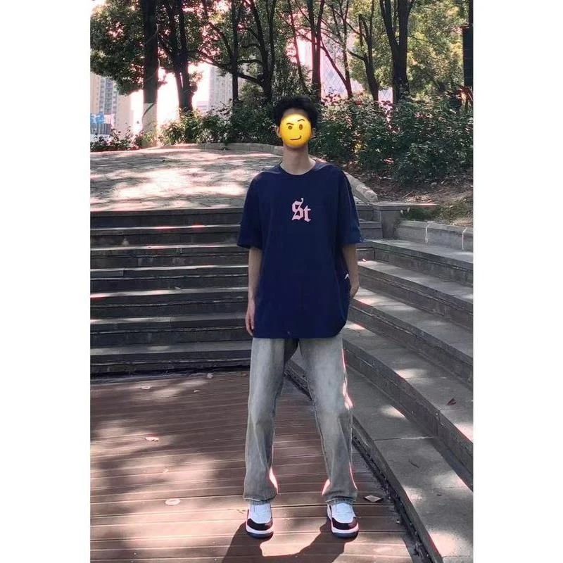 美式潮牌印花简约男女短袖t恤男夏季新款宽松圆领套头情侣上衣潮