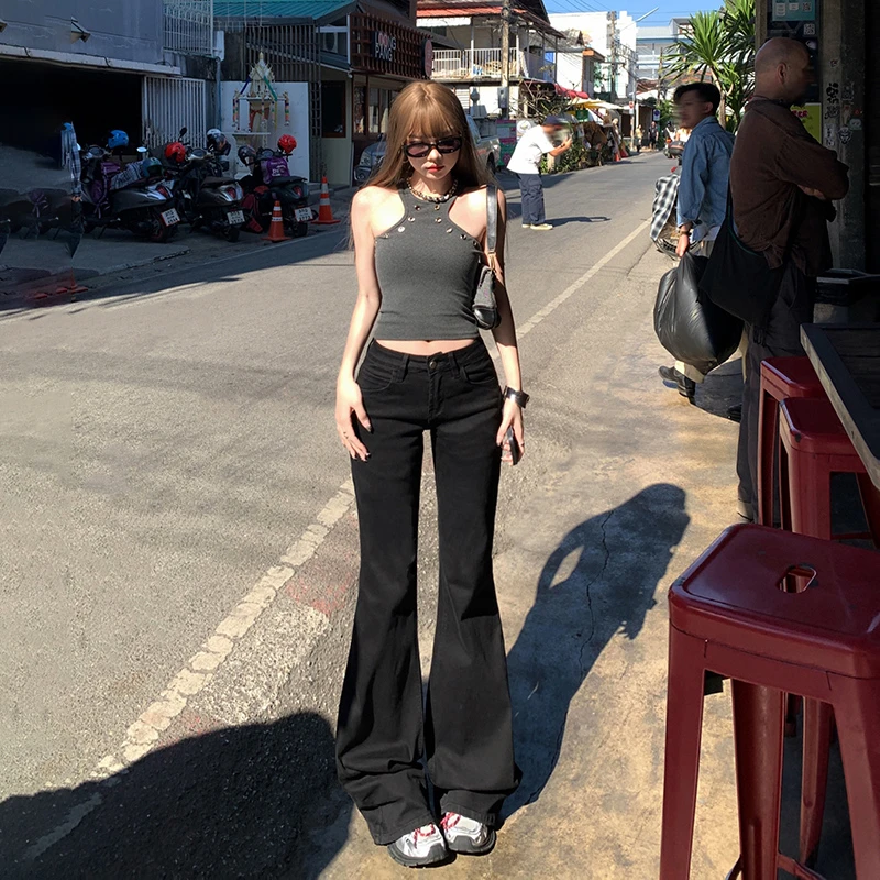 VWU 2色美式复古辣妹低腰阔腿裤微弹春夏百搭显瘦喇叭裤牛仔裤女