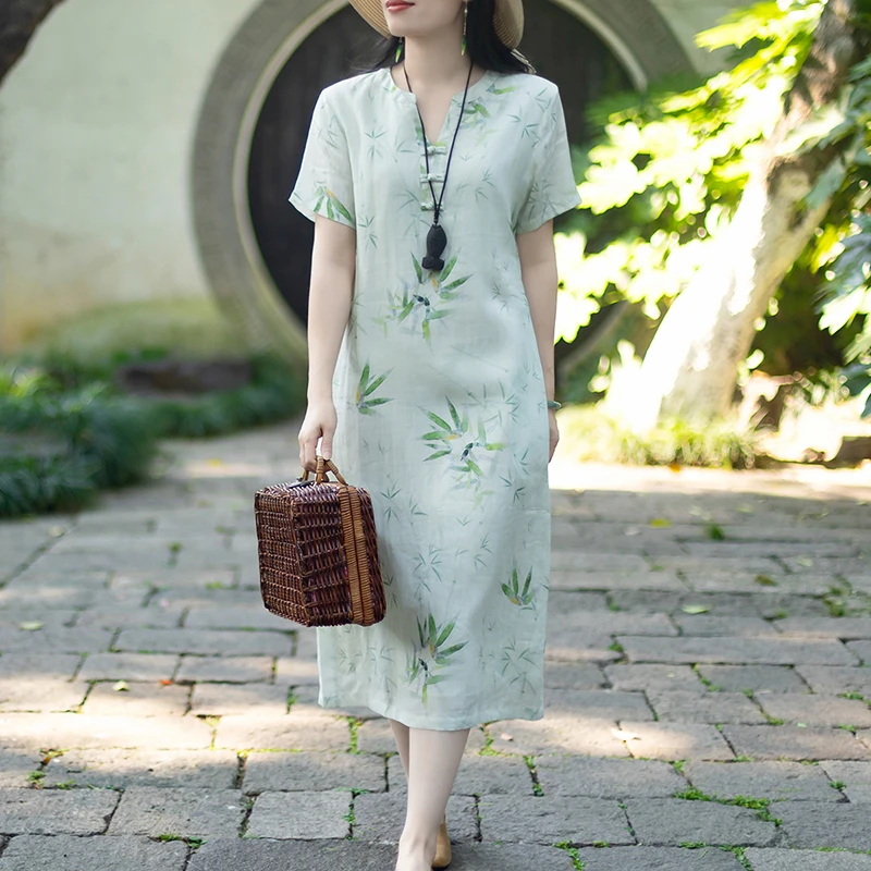 念江南清新减龄印花苎麻新中式连衣裙女盘扣短袖V领改良旗袍裙
