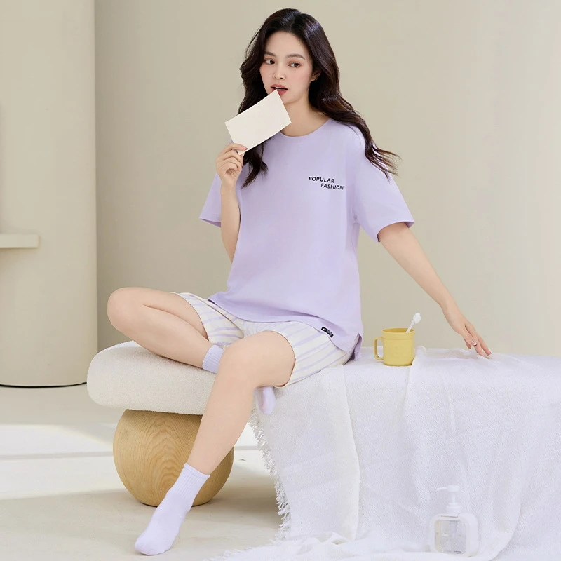 7A类抑菌纯棉睡衣女士夏季短袖短裤大码可外穿女生全棉家居服套装