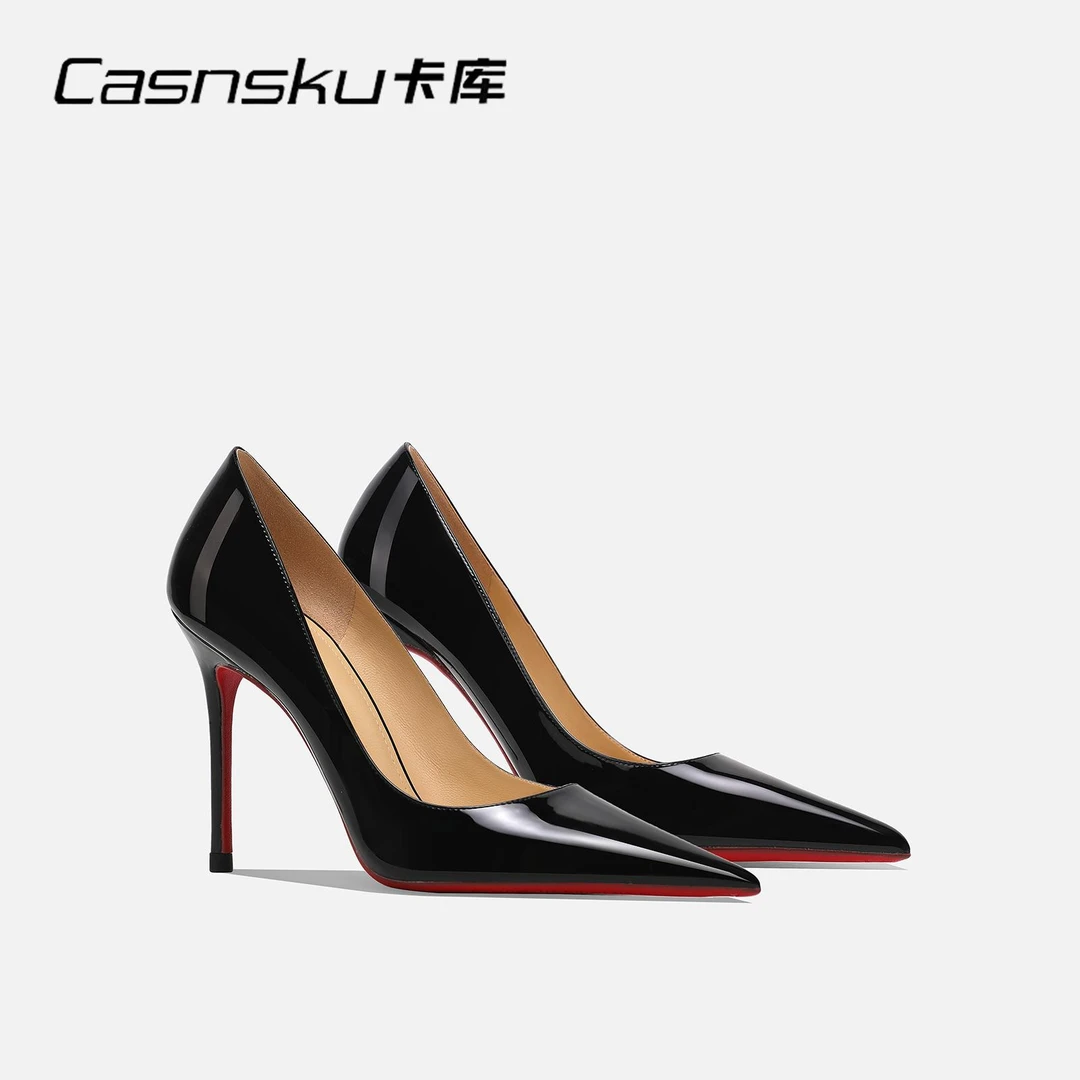 CASNSKU卡库 绝美高跟鞋细跟黑色漆皮尖头单鞋红底性感百搭职业鞋