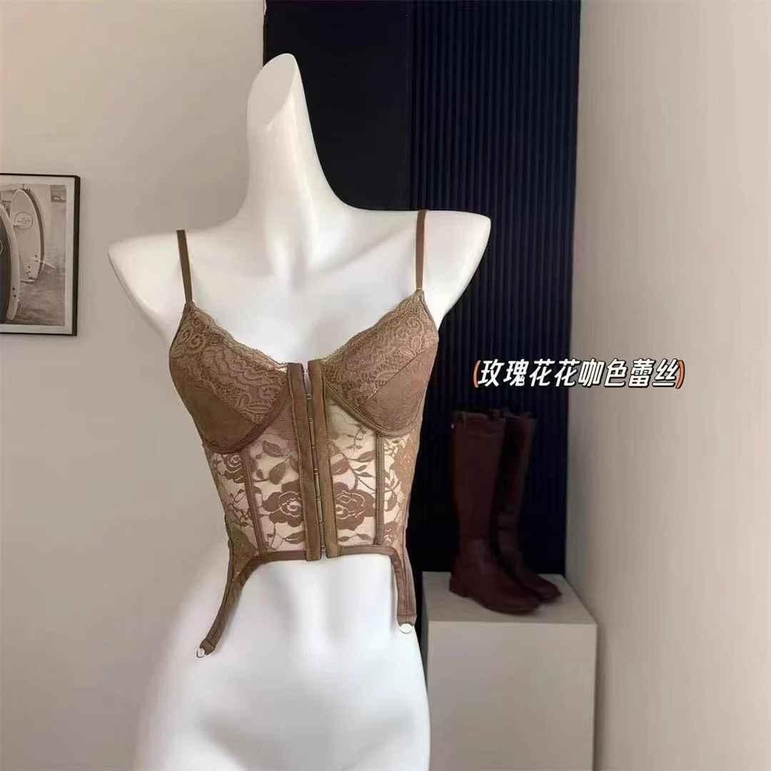 F4-3/4-4 法式三角杯蕾丝鱼骨排扣辣妹上衣