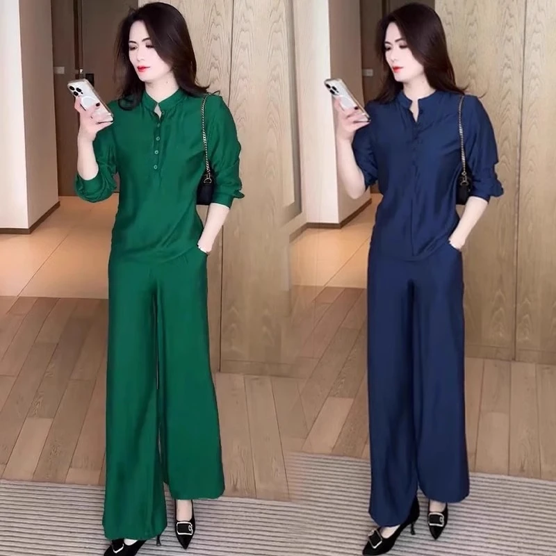 时尚套装女2025春秋新款洋气宽松显瘦减龄衬衫阔腿裤两件套