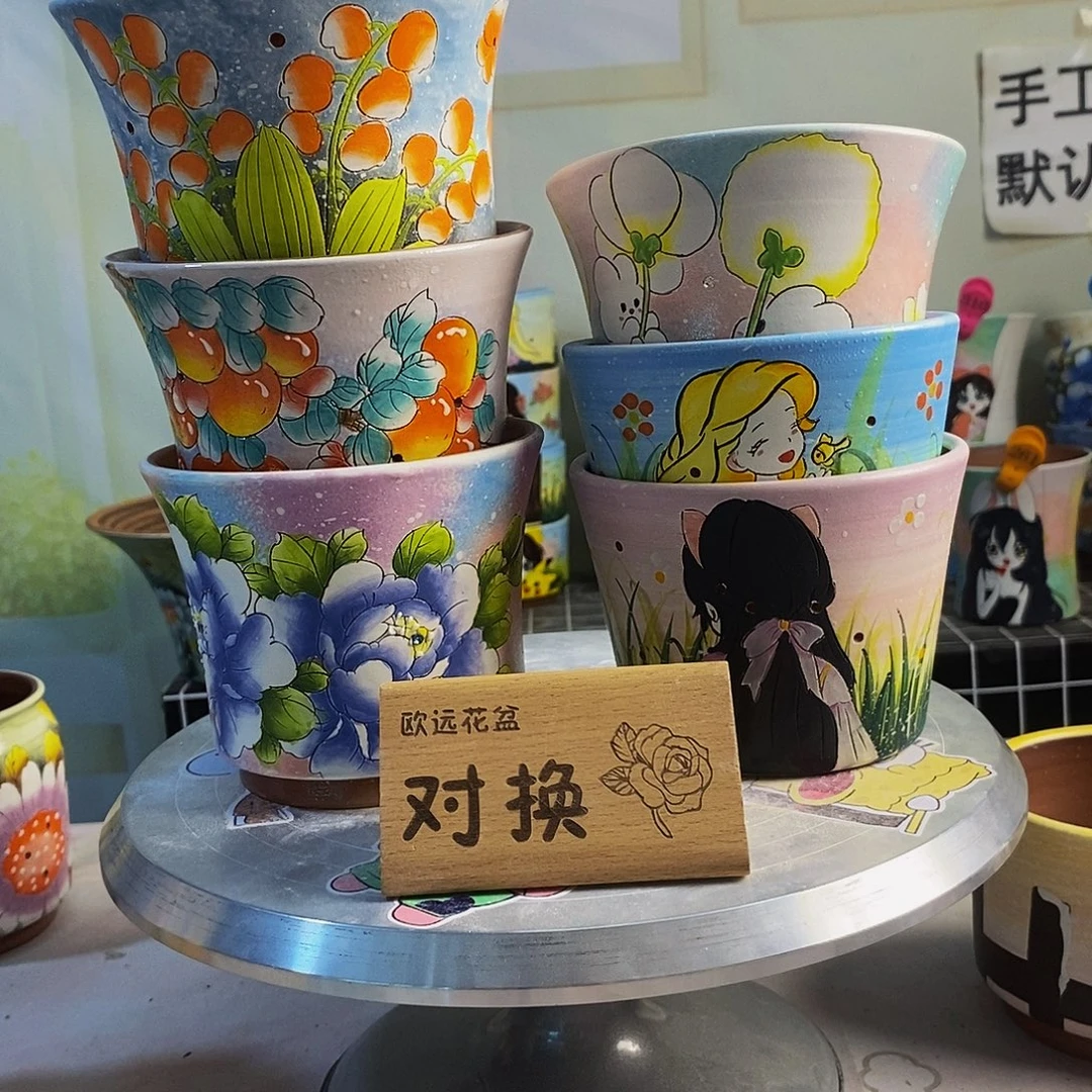 蓝***非紫砂花盆红陶手绘花盆