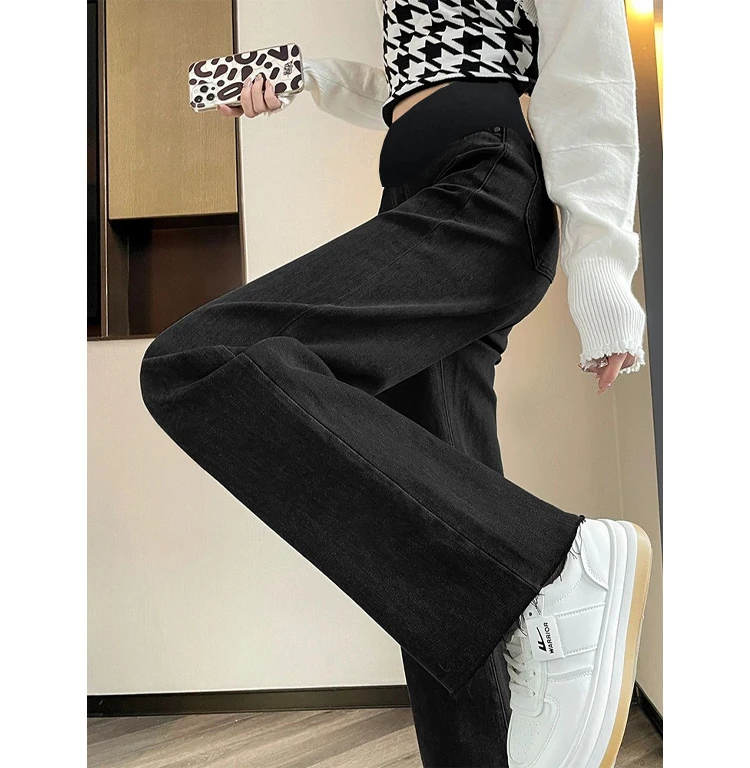 孕妇裤子春秋外穿2025新款阔腿裤不勒肚子牛仔裤小个子黑色直筒裤