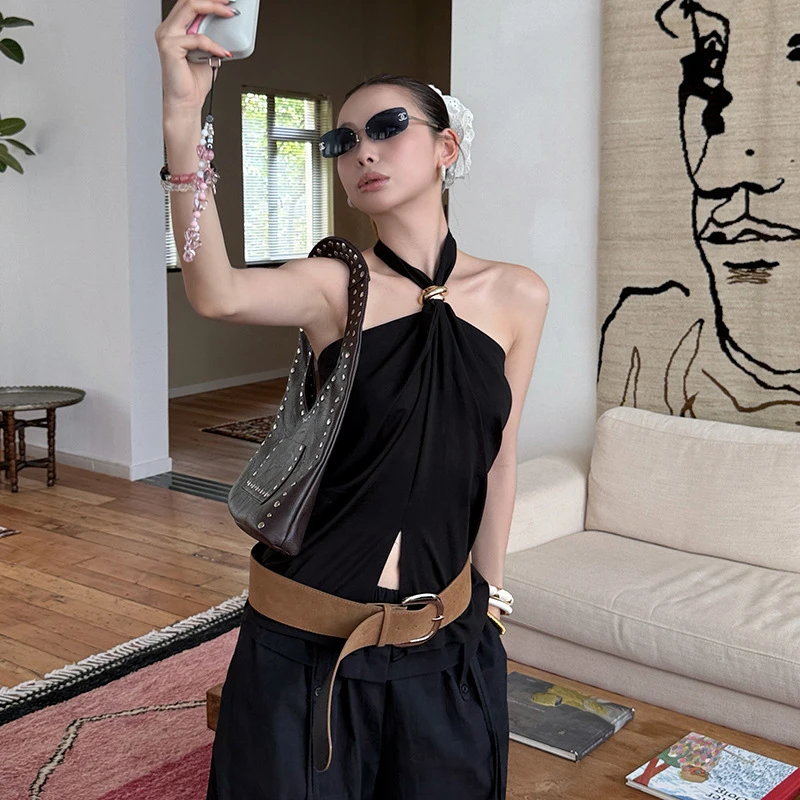 MMFISH时髦洋气纯欲辣妹抹胸挂脖露背金属高级松弛吊带背心25T203