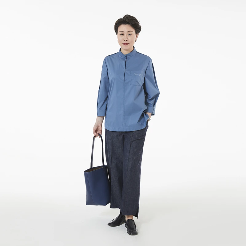 TENGS滕氏女装春秋新款静谧湖蓝棉质九分袖立领衬衫舒适休闲廓形