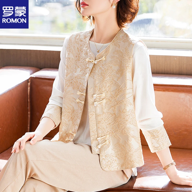 罗蒙国风妈妈秋装刺绣马甲套装中老年女装春秋新中式时尚马夹上衣