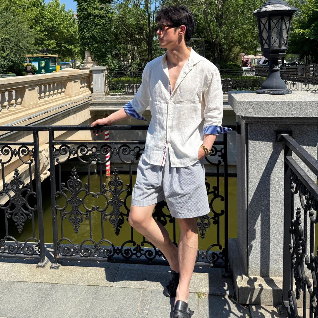 Cyninoid【日本原单】60支100%雨露亚麻透气防晒老钱风7分袖衬衫