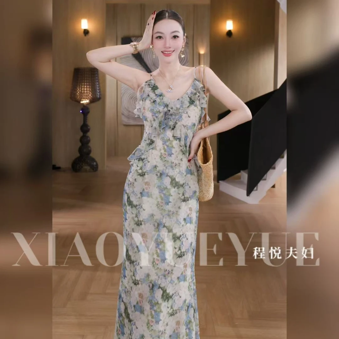 程悦夫妇【莫奈花园】A-02124时尚气质春夏新款法式蓝色印花连衣裙