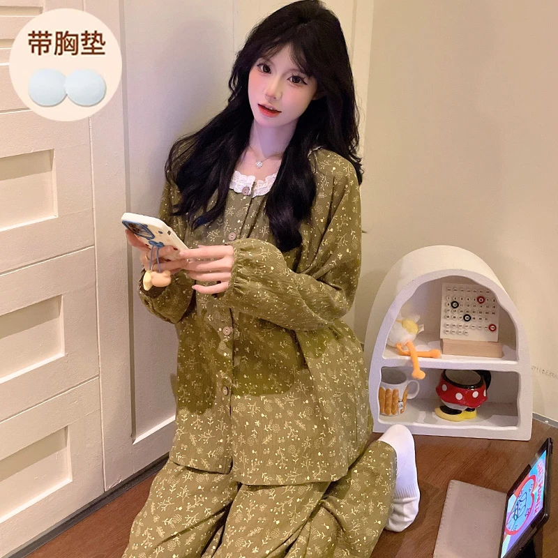 庆同秋季新款带胸垫开衫长袖长裤套装睡衣女士可外穿家居服春冬