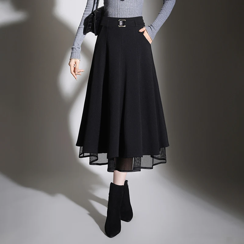 独特漂亮半裙2025春季新款网纱拼接半身裙中长百褶裙高腰A字伞裙