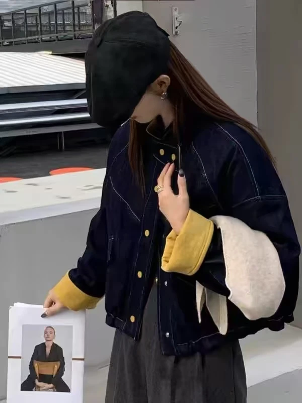 那简家 2815冬季新款韩版撞色复古牛仔白鸭加绒外套