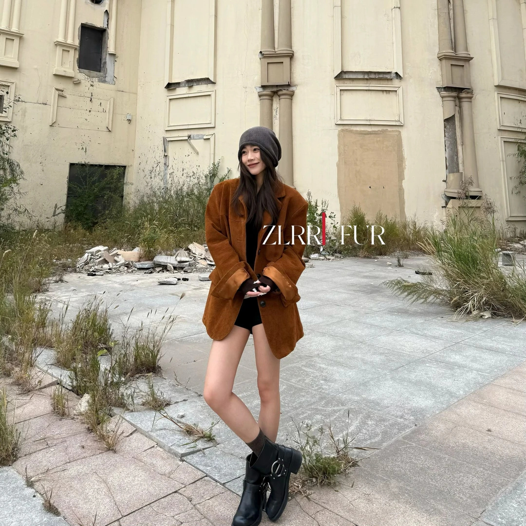【ZLRR】P家ins风网红时尚复古西服款牛皮反绒皮女士皮衣502