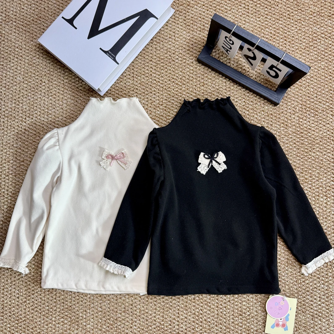 韩系女童蝴蝶结加厚面料高领打底衫冬款儿童上衣女宝宝内搭冬季潮