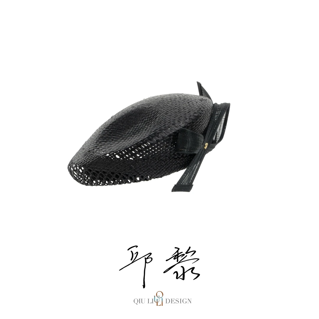 拉菲草手工编织金丝草布织带贝雷帽1c878