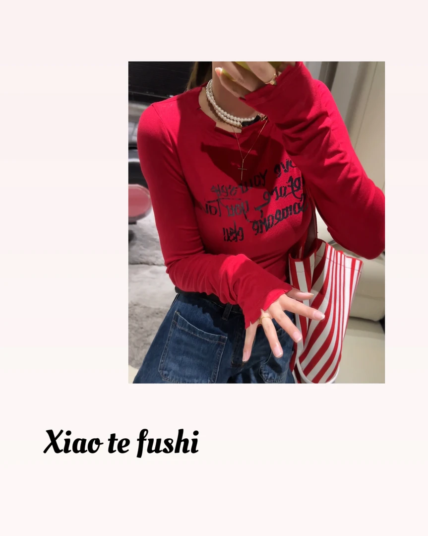 小特 2025T恤剪破设计款印花夏季红色圆领防晒常规长袖字母百搭