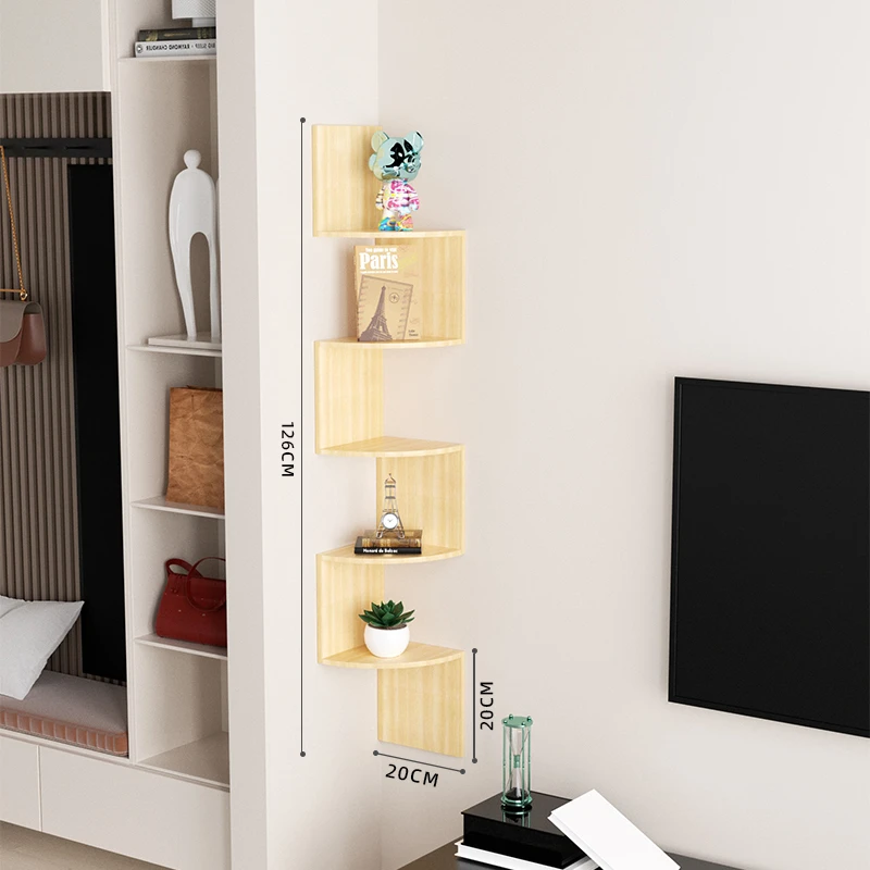置物架家用储物柜转角墙角卧室客厅壁挂式实木三角书架免打孔墙上