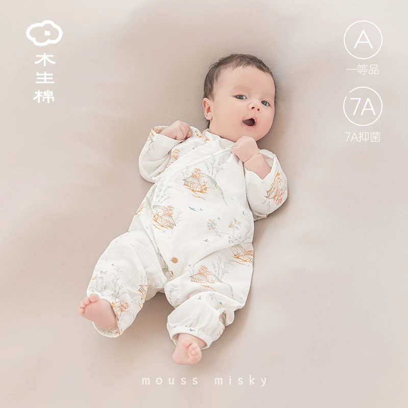 【天竹棉】新生儿长袖连体衣春夏婴幼儿绑带和尚服宝宝透气睡衣服