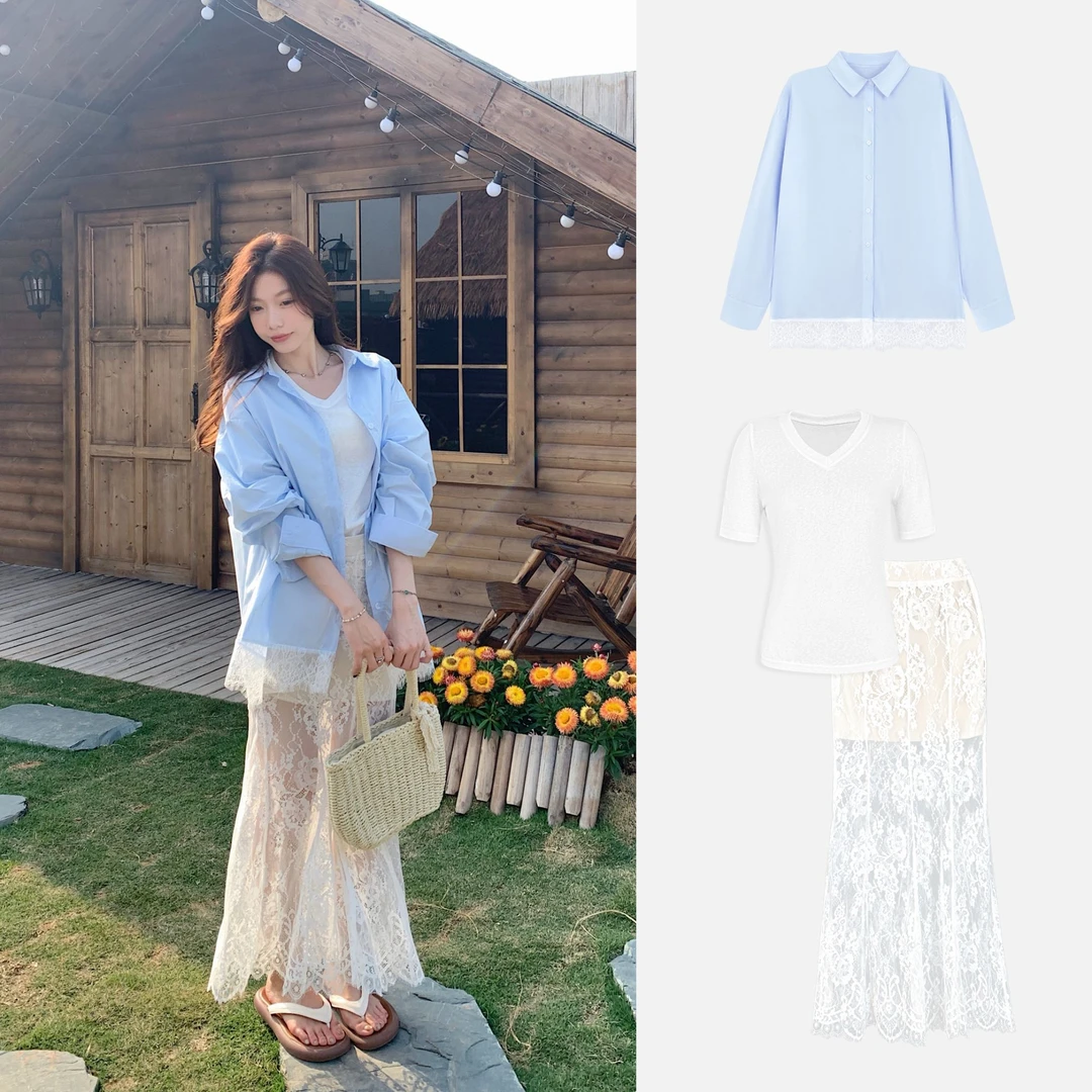 【冰岛慕斯】V领T恤+蕾丝衬衫+显瘦长款蕾丝半身裙上衣8408#