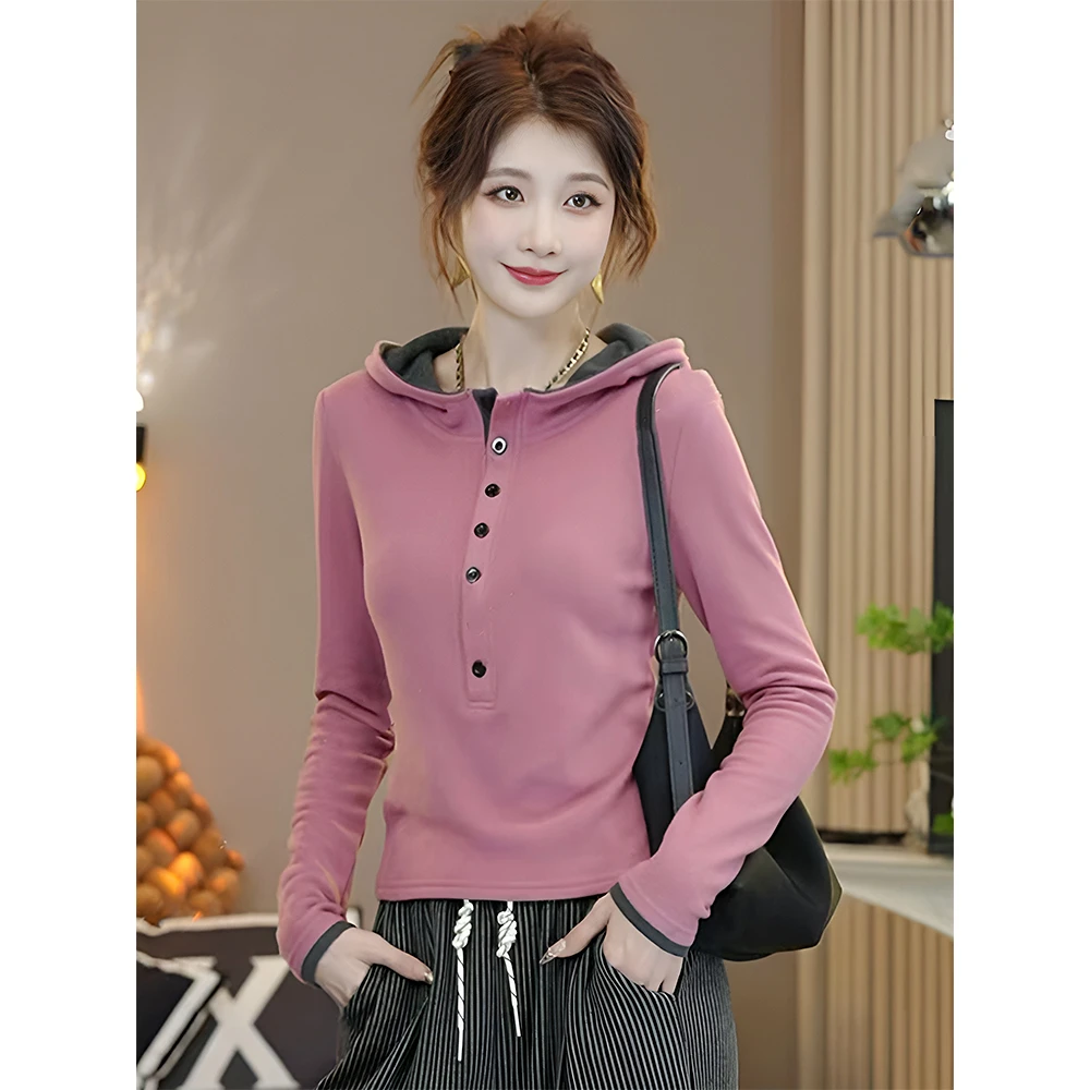 双面德绒撞色连帽长袖t恤女秋冬保暖新款时尚洋气减龄打底衫上衣